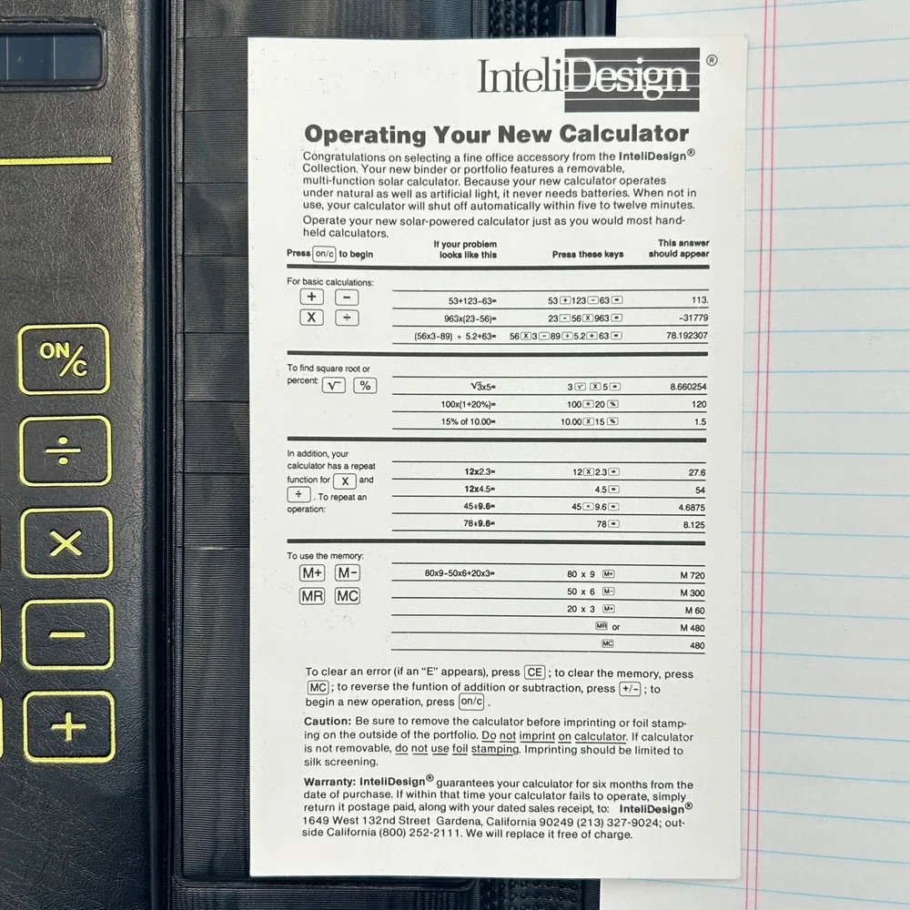 Vintage InteliDesign Portfolio Faux Leather Solar Calculator Padfolio 90s Black